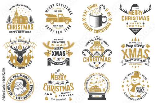 Set of Merry Christmas and 2022 Happy New Year stamp, sticker Set quotes with snowflakes, snowman, santa claus, candy, sweet candy, cookies. Vector Vintage typography design for xmas, new year emblem.