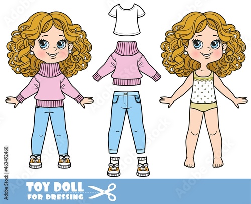 Cartoon girl with curle haired in underwear, dressed and clothes separately - T-shirt, warm pink sweater, jeans, jeans, sneakers doll for dressing