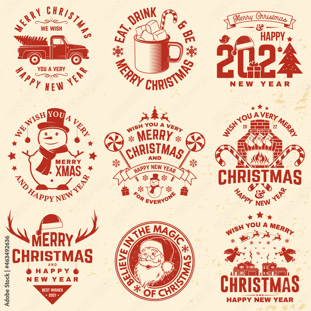 Obraz premium Set of Merry Christmas and Happy New Year stamp, sticker with Santa Claus, snowman, fireplace, chocolate with marshmallows and candy. Vector. Vintage design for xmas, new year emblem.