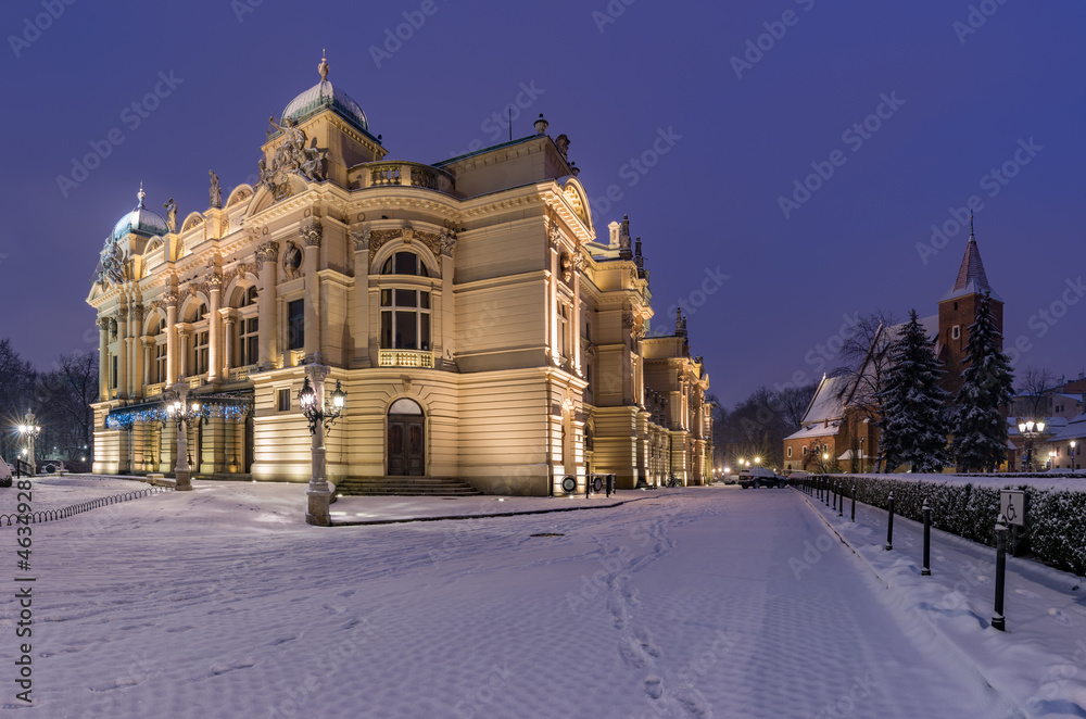 Slowackiego Theater in Krakow, Poland, snowy winter night