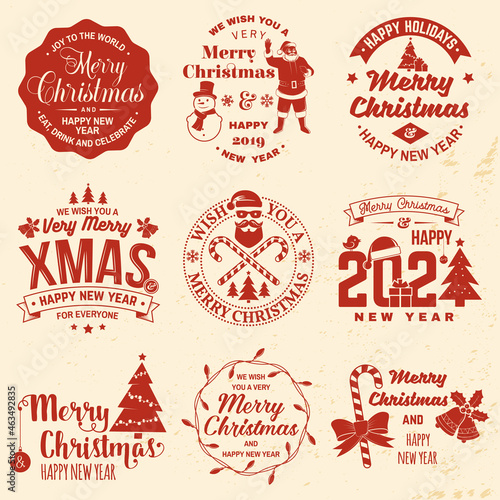 Set of Merry Christmas and Happy New Year stamp  sticker with Santa Claus  snowman  christmas tree  sleigh with deer. Vector. Vintage design for xmas  new year emblem.
