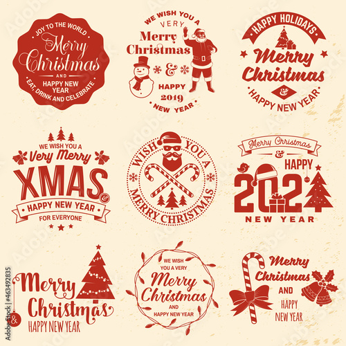 Set of Merry Christmas and Happy New Year stamp, sticker with Santa Claus, snowman, christmas tree, sleigh with deer. Vector. Vintage design for xmas, new year emblem.