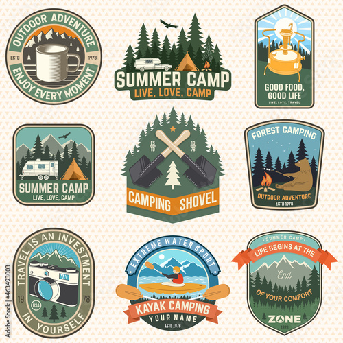Set of Summer camp patches. Vector illustration. Concept for shirt or logo, print, stamp, badges or tee. Design with kayak, camping tent, primus, mug, campfire, mountains and forest silhouette.