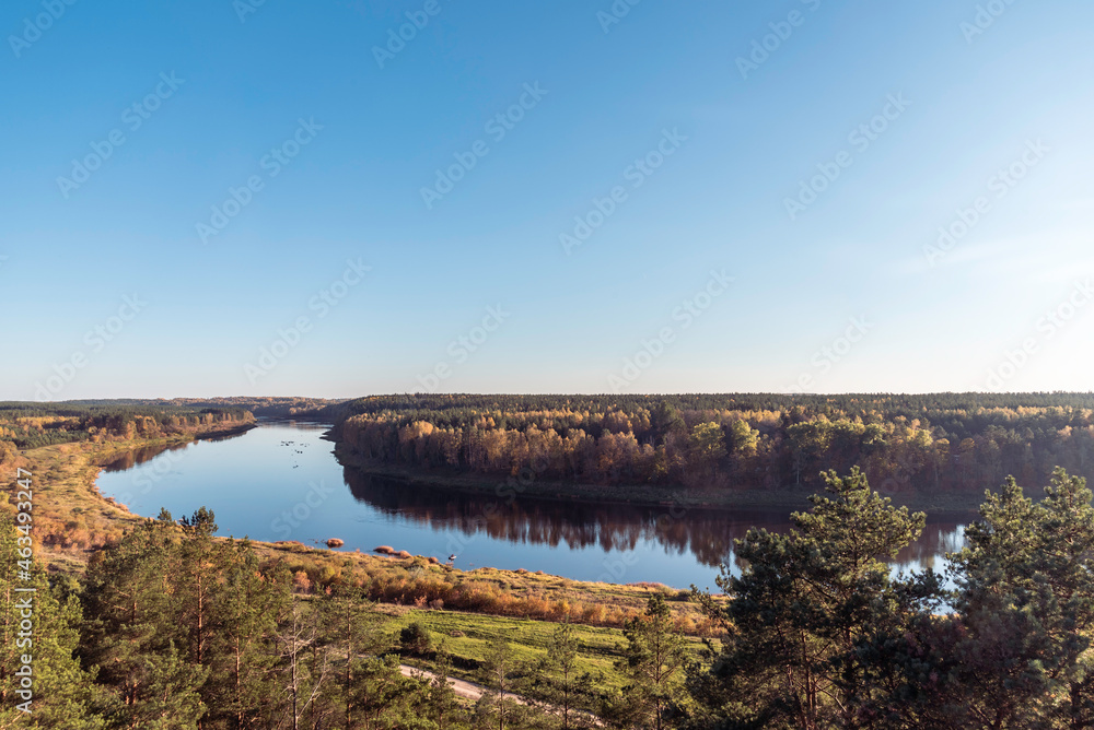 Landscape view on the bend of Daugava river from sightseeing tower located in Vasargeliski, Naujene parish, Daugavpils district, Latgale region, Latvia, which is a part of Nature Park “Daugavas Loki”