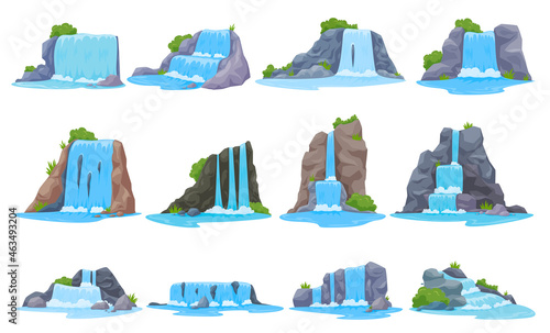 Cartoon waterfall set vector flat illustration natural water streaming mountain cliff river cascade