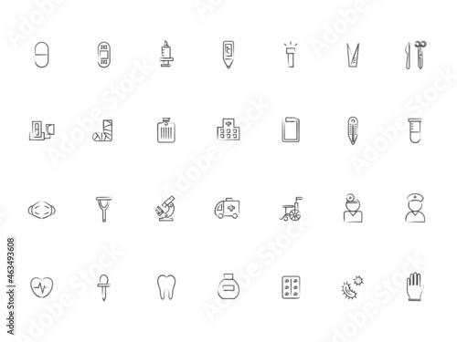 医療関連の筆書きイラストアイコンセット