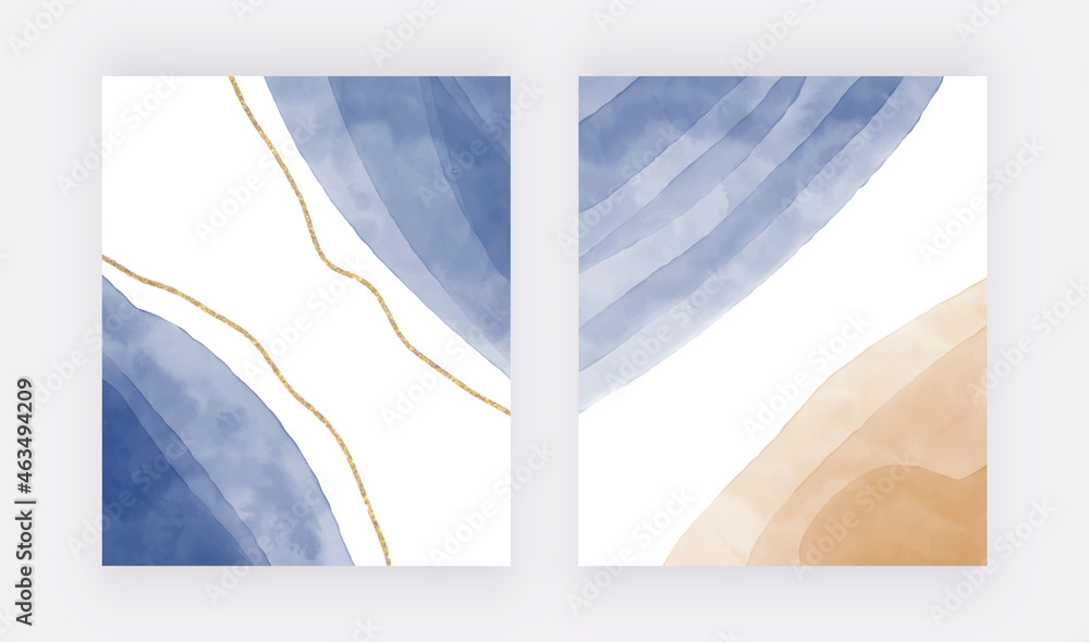 Blue brush stroke watercolor backgrounds with golden glitter shapes
 