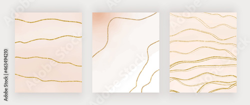 Blue and beige brush stroke watercolor backgrounds with golden glitter lines
