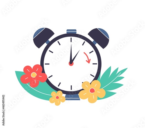 Daylight saving time Spring forward illustration in modern flat style. Clock with flowers and green leaves. Vector  illustration