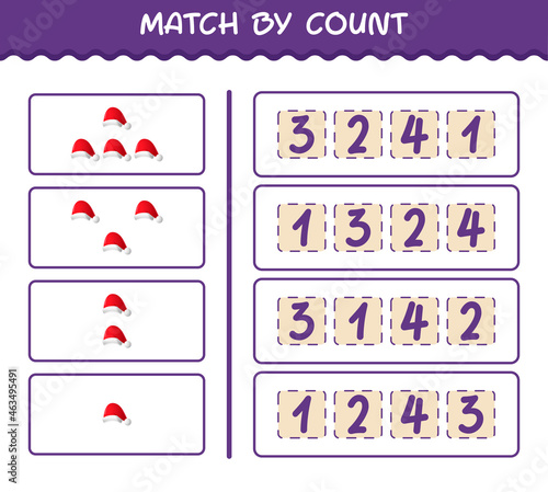 Match by count of cartoon santa hat. Match and count game. Educational game for pre shool years kids and toddlers