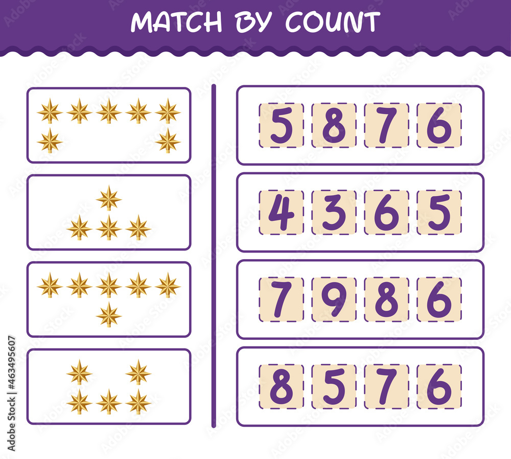 Match by count of cartoon christmas star. Match and count game. Educational game for pre shool years kids and toddlers