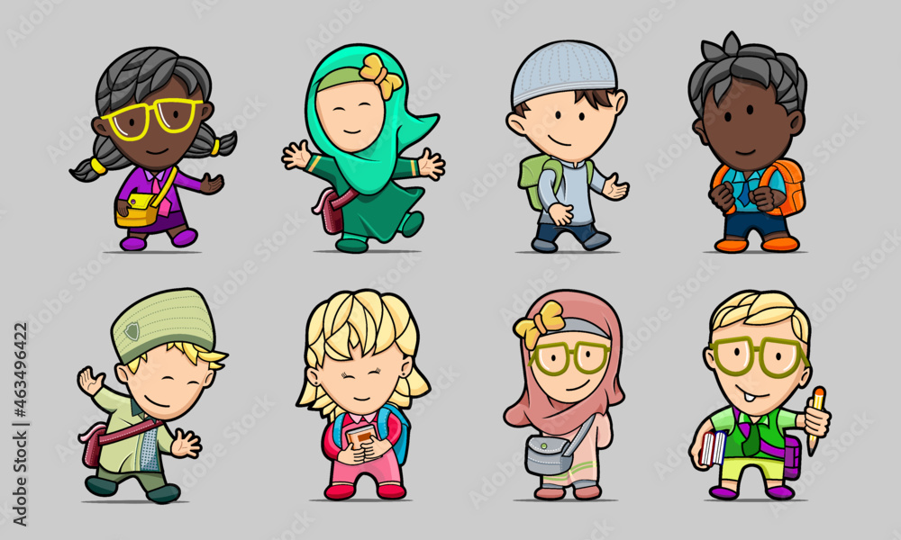 Happy kids back to school set of characters Happy kids back to school set of characters