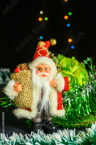 Santa Claus on the background of a pot with flowers.