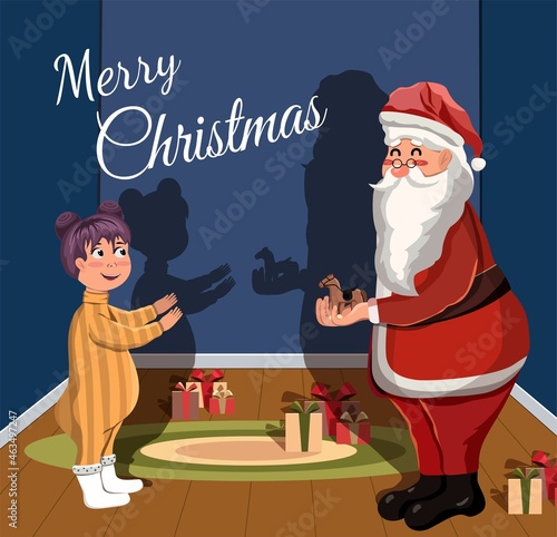 Santa Claus gives a present to a little girl for Christmas. Toy room. Children's blue room. Cartoon. Concept. Happy New Year .Holiday. December 2022.Winter. Cozy place.Stock Vector Illustration.