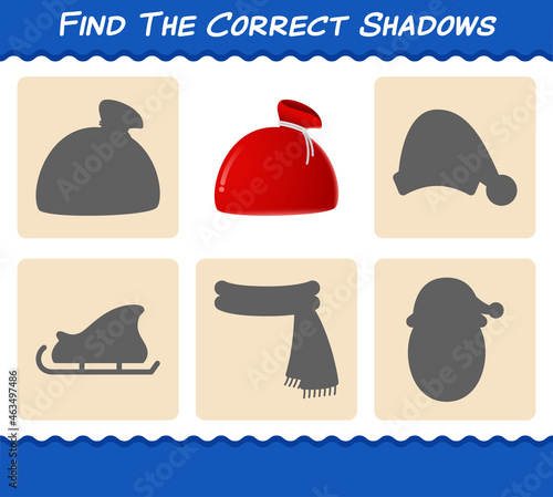 Find the correct shadows of santa bag. Searching and Matching game. Educational game for pre shool years kids and toddlers