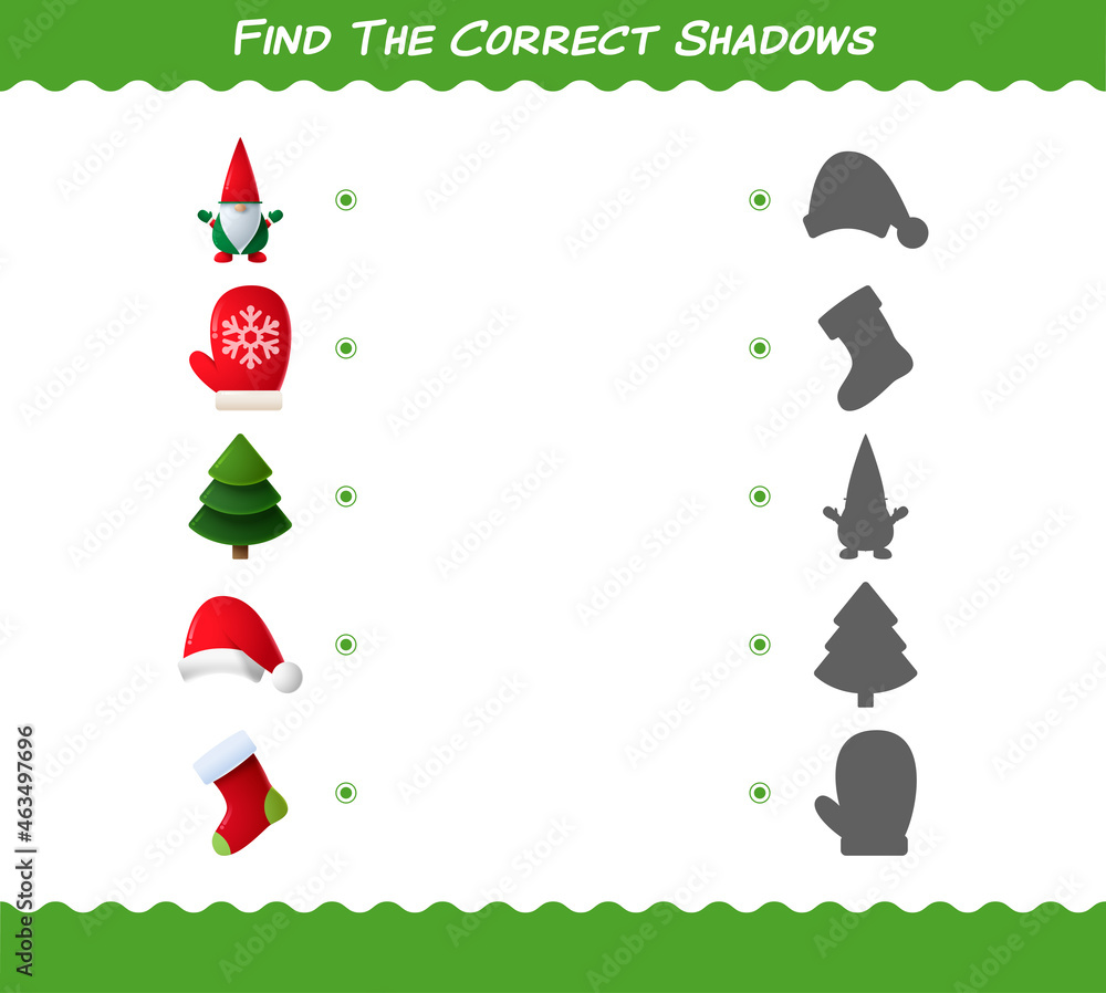 Fototapeta premium Find the correct shadows of cartoon christmas. Searching and Matching game. Educational game for pre shool years kids and toddlers
