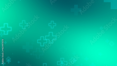 Medical health blue green cross neon light shapes pattern background. Abstract healthcare technology and science concept.