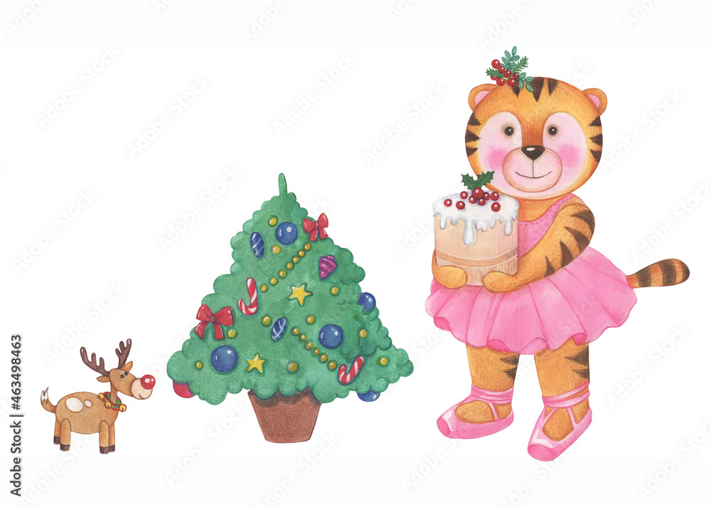 Fototapeta premium Cute Cartoon Christmas tigers. Christmas tree, gifts - watercolor illustrations collection. The symbol of the new year of the Chinese calendar. Hand-drawn illustration isolated