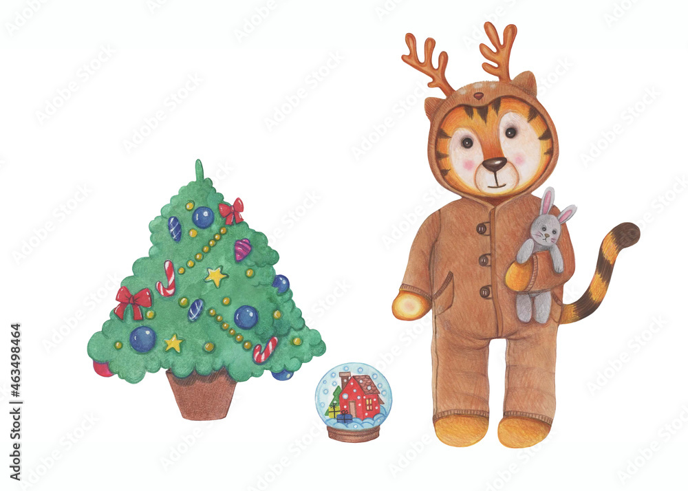Naklejka premium Cute Cartoon Christmas tigers. Christmas tree, gifts - watercolor illustrations collection. The symbol of the new year of the Chinese calendar. Hand-drawn illustration isolated