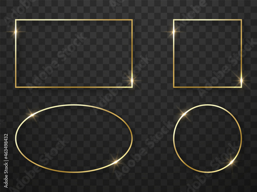 Set of Golden Light Frame with Shiny Effect on Black Transparent Background. Collection of Realistic Gold Border. Template of Glow Square, Rectangle, Circle, Oval Frames. Isolated Vector Illustration