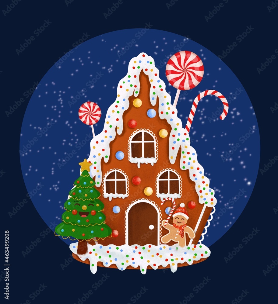 Illustration of christmas gingerbread house with tree, candy and gingerbread man for postcard. Illustration of christmas gingerbread house with tree, candy and gingerbread man for postcard.