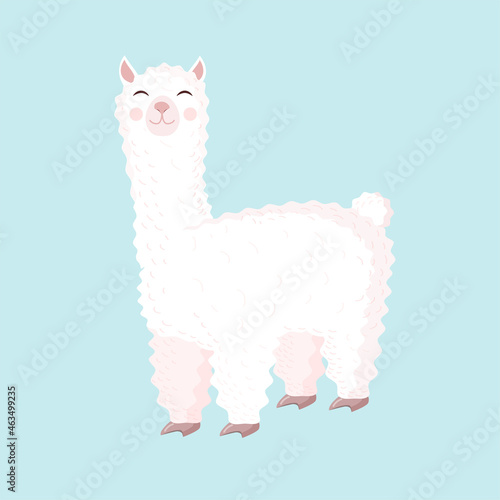 Cute llama or alpaca on a blue background. Vector illustration for baby texture, textile, fabric, poster, greeting card, decor.