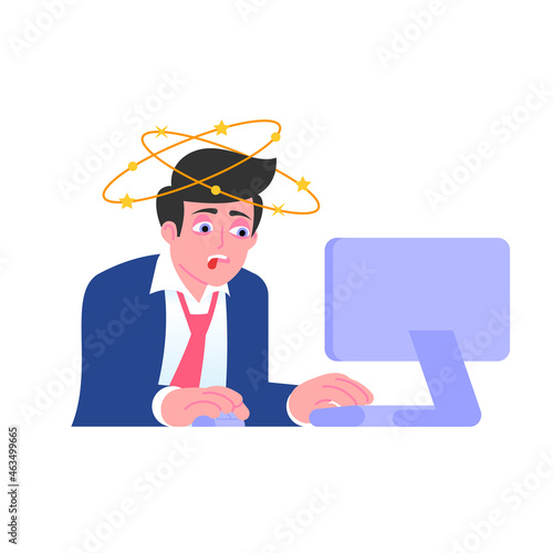 Tired overworked businessman working at computer. Overload at work, stressed worker concept. Male emoji character with different emotion and gesturing. Vector illustration isolated on white background