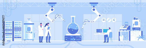Automated scientific laboratory horizontal background. Team scientists making test and analysis data, robotic arms researching at huge flask on professional lab equipment. Vector illustration panorama