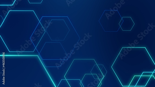 Abstract hexagon geometric blue neon lights technology dark background.