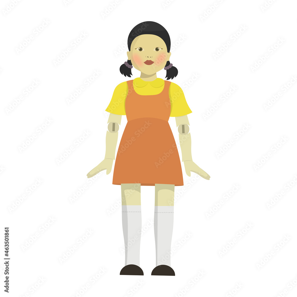 Porcelain doll on a white background. Vector illustration of a doll. Jointed doll in an orange dress on a white background. Porcelain doll on a white background. Vector illustration of a doll. Jointed doll in an orange dress on a white background.