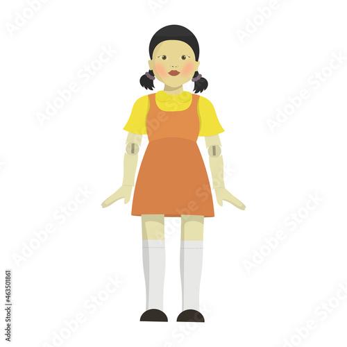 Porcelain doll on a white background. Vector illustration of a doll. Jointed doll in an orange dress on a white background.