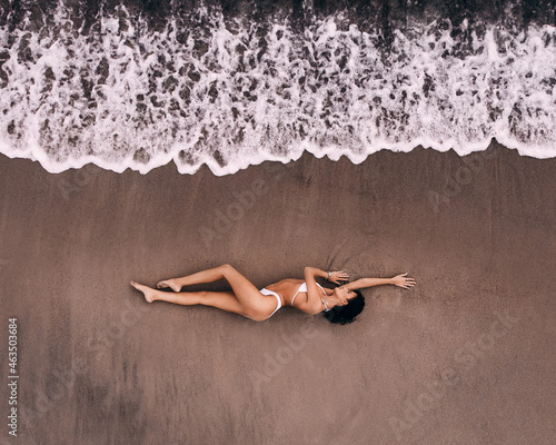 Pretty Icelandic bikini model at beach in denmark, beautiful woman, swimwear fashion, drone shooting