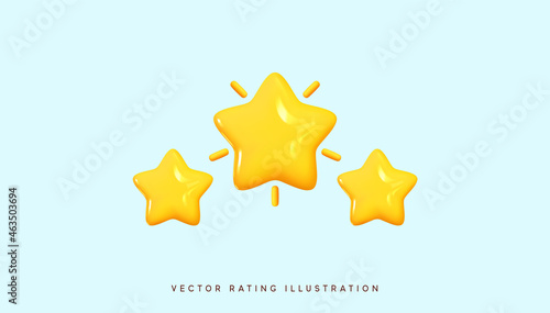 Three yellow stars glossy colors. Achievements for games. Customer rating feedback concept from client about employee of website. Realistic 3d design. For mobile applications. Vector illustration