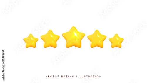 Five stars, glossy yellow colors. Customer rating feedback concept from the client about employee of website. Realistic 3d design of the object. For mobile applications. Vector illustration