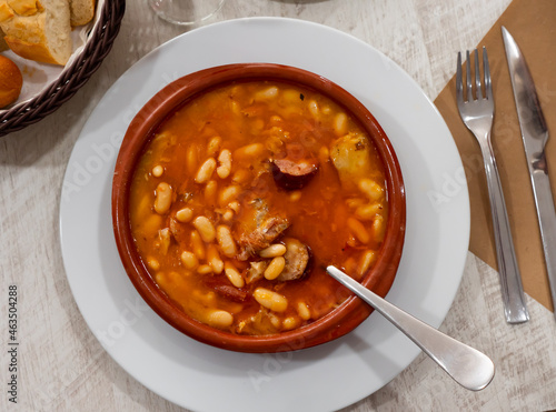 Stewed white beans with sausages, popular dish of spanish cuisine