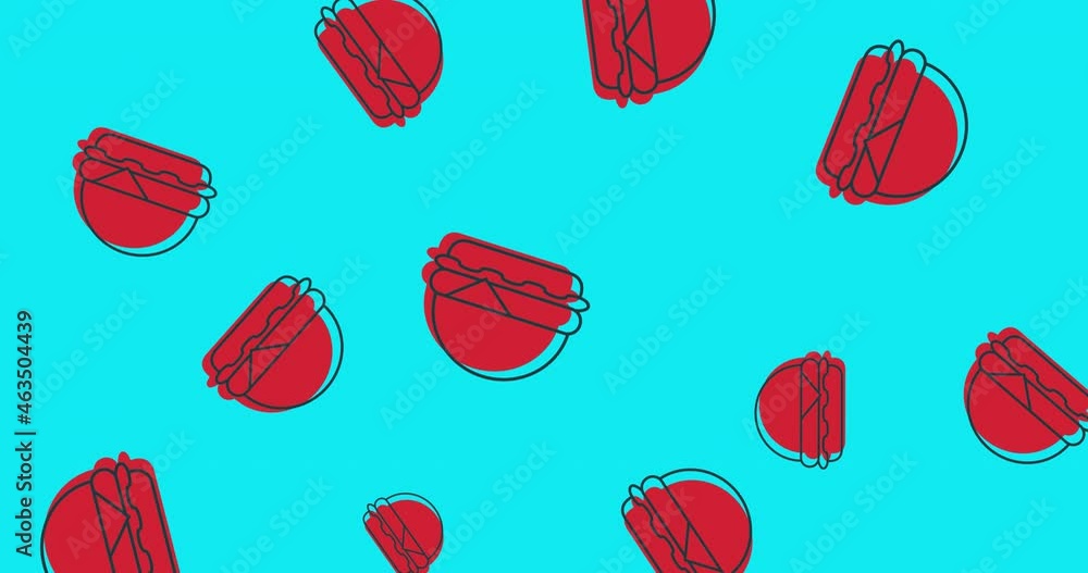 Animation of multiple red hamburgers floating on blue background Animation of multiple red hamburgers floating on blue background