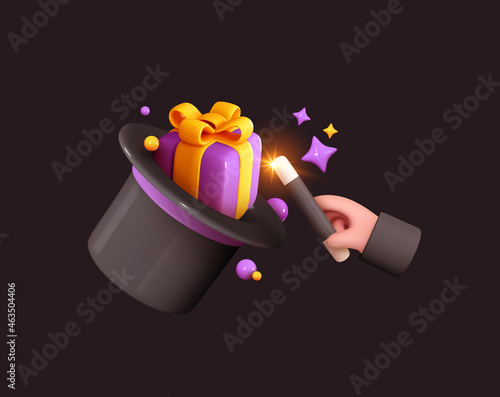 Magic Hat of conjurer with stick. Surprise gift box inside. Realistic 3d design. Vector illustration.