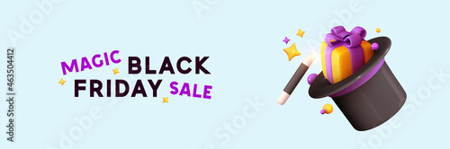 Black Friday sale. Horizontal blue banner, web poster. Magic Hat of conjurer with stick. Surprise gift box inside. Realistic 3d design. Vector illustration.