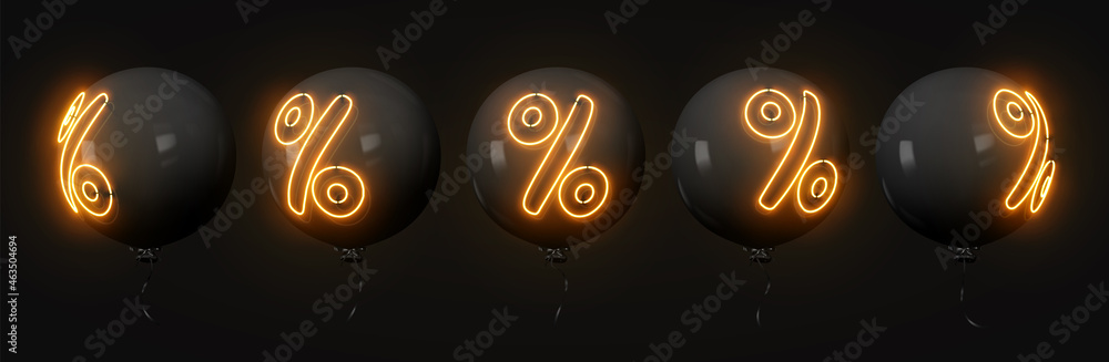 Balloons of set realistic 3d design. Stylish black ballons with neon symbol percent discounts isolated on dark background. Vector illustration - obrazy, fototapety, plakaty 