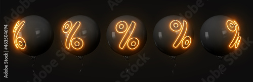 Balloons of set realistic 3d design. Stylish black ballons with neon symbol percent discounts isolated on dark background. Vector illustration