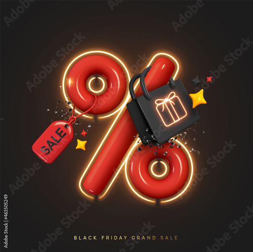 Black Friday. Christmas sale. New Year discounts. Realistic 3d objects design, Red big percentage sign. Dark Shopping bag. Fashion Stylish trendy background. Valentine's Day. Vector illustration