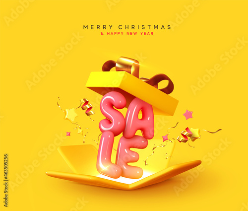 Merry Christmas and Happy New Year. Background with realistic 3d yellow open gifts box. Xmas sale present. Holiday decorative boxes. Festive gift surprise. Golden glitter confetti. Vector illustration
