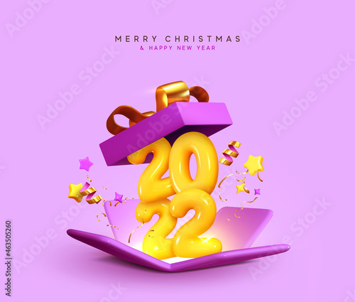 Happy New Year Yellow number sign 2022. Merry Christmas Background realistic 3d festive open gifts box. Xmas sale present. Holiday decorative purple boxes, Holiday gift surprise. Vector illustration