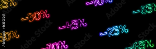 Black Friday Sale. Dark background with discount percentage in light neon decoration pattern. Advertising banner, web poster. Vector illustration