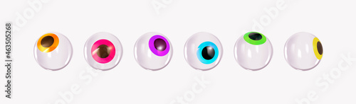 Glass eyes realistic decorative design element for Halloween holiday. Decoration objects with different colors. Set isolated on white background Vector illustration