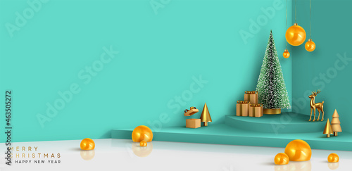 Christmas festive interior design. 3d composition Realistic stage, podium, Xmas studio. Minimal abstract new year background. Modern Creative holiday template. Banner and poster. Vector illustration