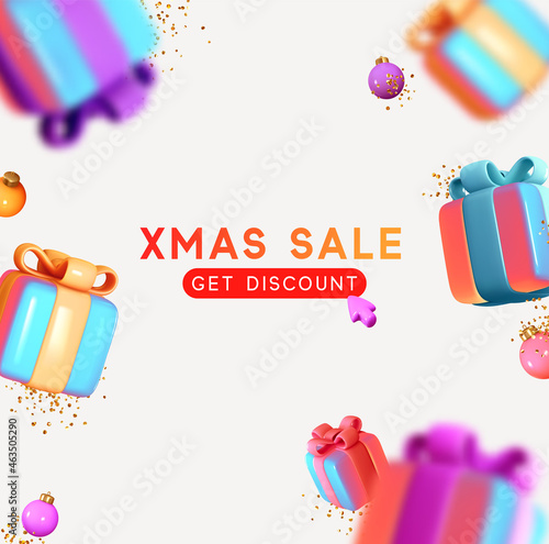Merry Christmas and Happy New Year. Background with realistic festive gifts box gradient holographic neon shade color. Xmas sale present. Blue boxes fall effect blur motion, Holiday gift surprise.