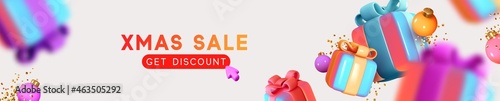 Merry Christmas and Happy New Year horizontal banner, template header for website. Realistic gifts box gradient neon color. Xmas sale present. Blue boxes fall effect blur motion, Holiday gift surprise