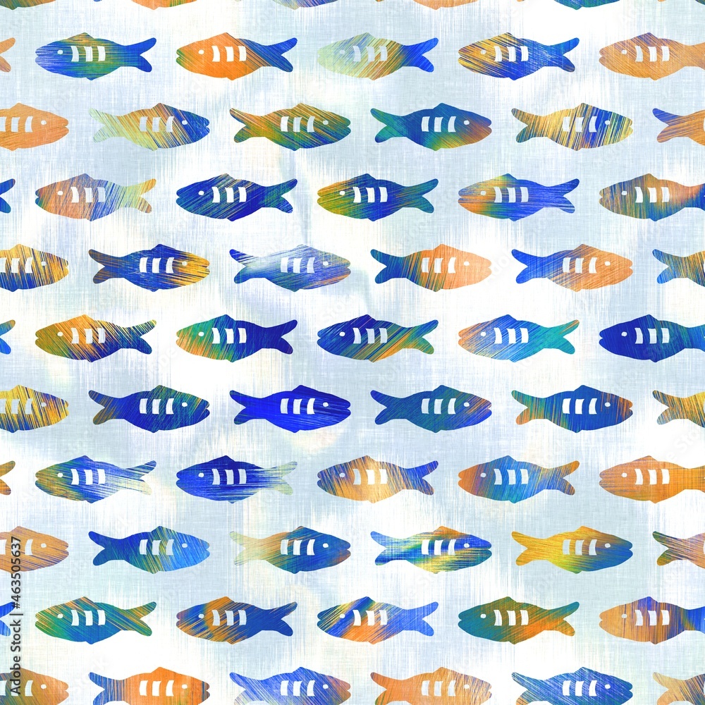 Batik fish tie dye wash background. Mottled underwater swimming fishes for beach swimwear. Fun summer trendy beach fashion print. Digital fluid watercolor effect. High resolution seamless pattern. Batik fish tie dye wash background. Mottled underwater swimming fishes for beach swimwear. Fun summer trendy beach fashion print. Digital fluid watercolor effect. High resolution seamless pattern.
