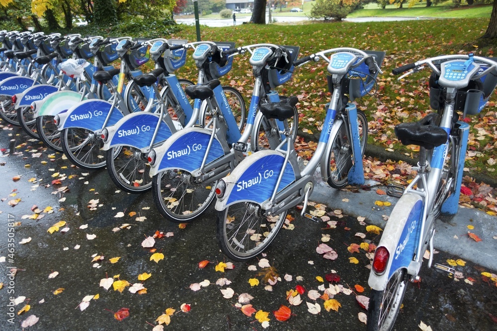 Vancouver, BC Canada - October 14, 2021: Shaw Communications Bike Row in  Kitsilano. Shaw and Mobi by